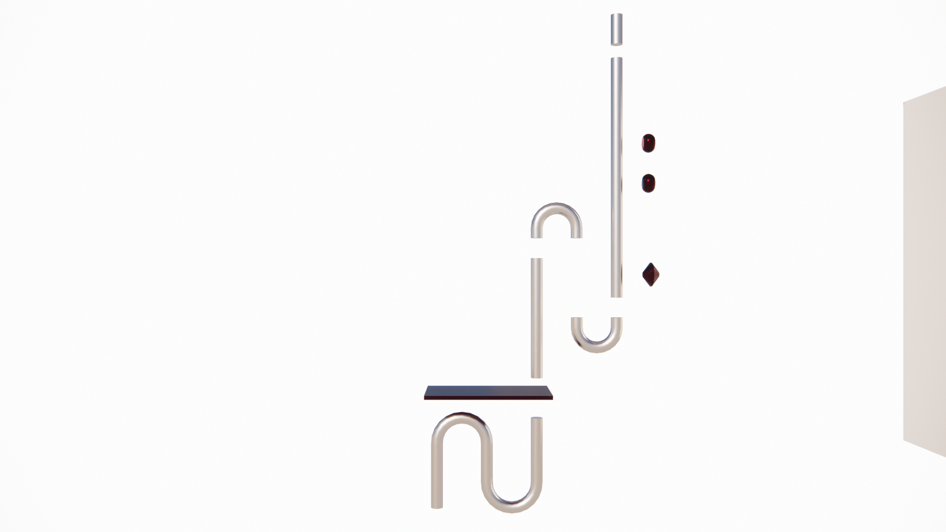 A white background with various metallic and black geometric sculptures, including curved, straight, and angled shapes, arranged vertically.