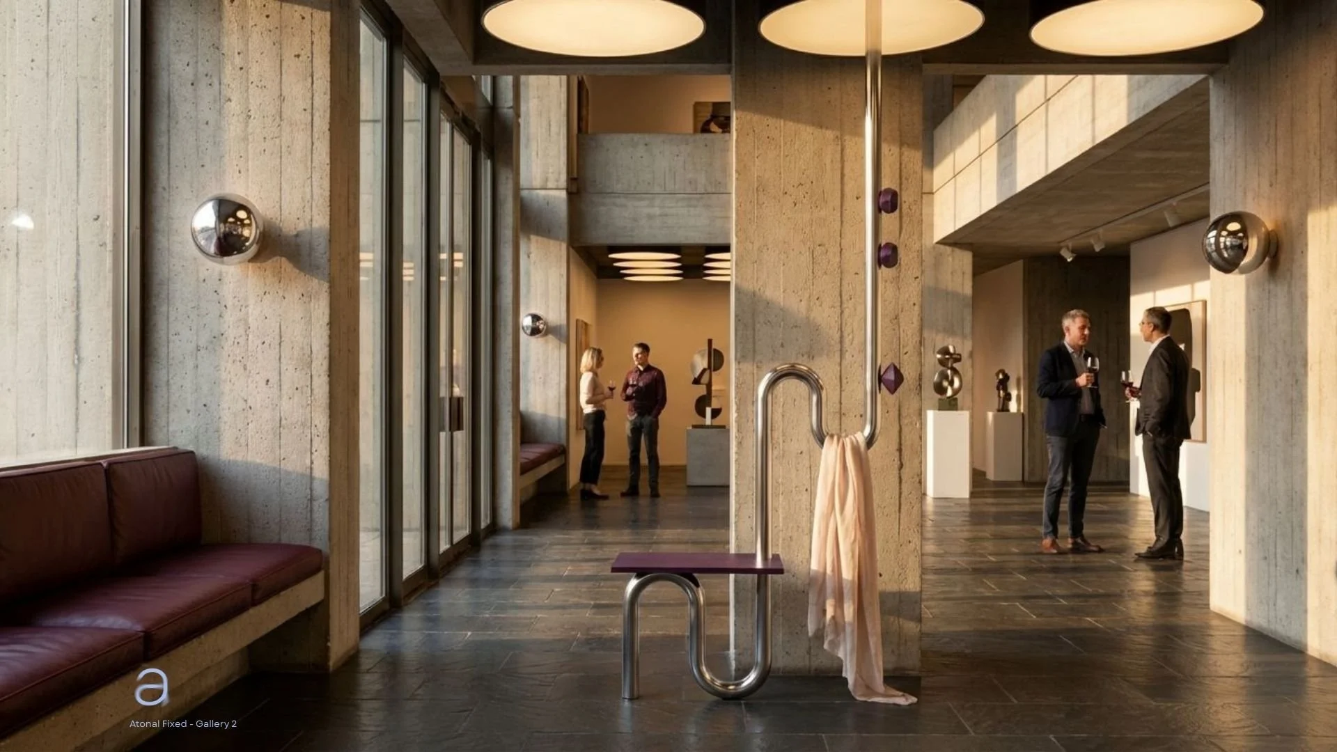 Interior of an art gallery or modern building with concrete walls, large glass doors, and artwork display areas. Four people are visible: two women chatting in the background, and two men in suits holding wine glasses in the right foreground.