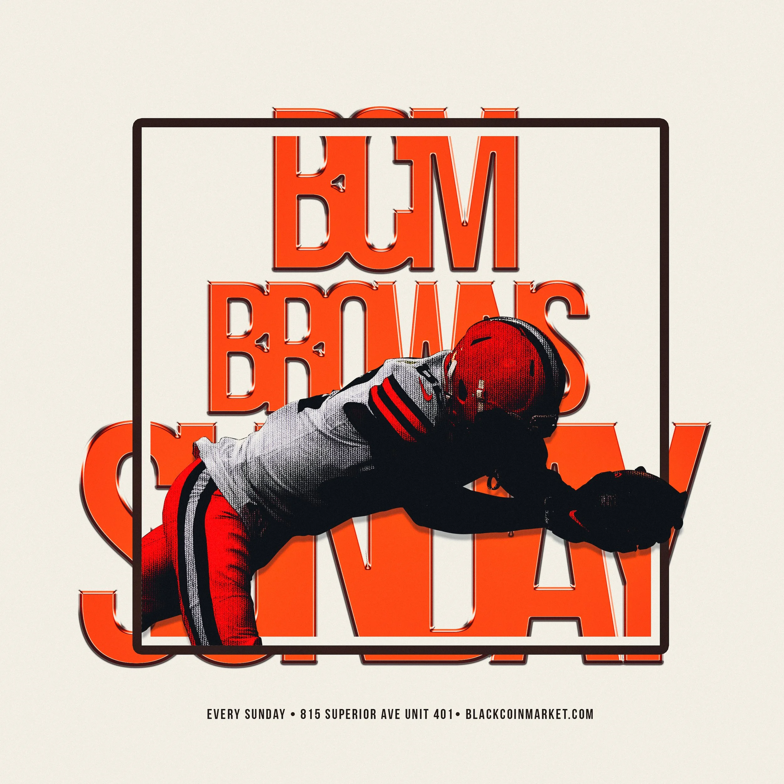 A football player in a grey and black uniform with red helmet and red pants diving to catch a football in front of a bright red and black sign for a Sunday football event at Black Coin Market.