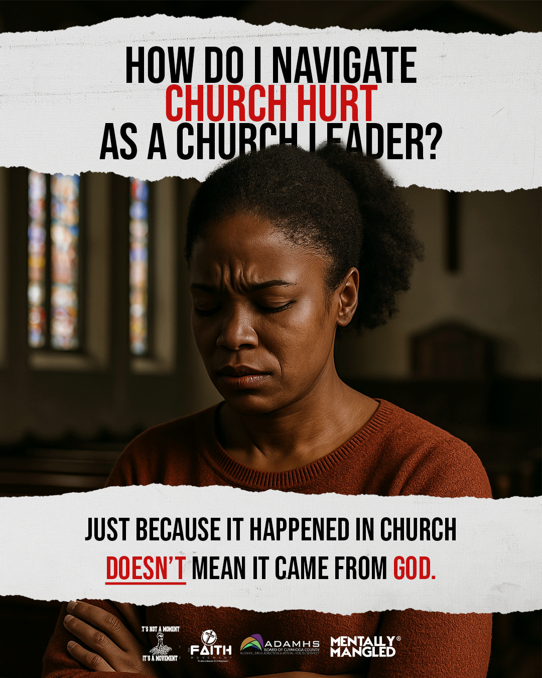 A woman in a church, visibly upset with tears and a somber expression, during a religious or emotional moment.