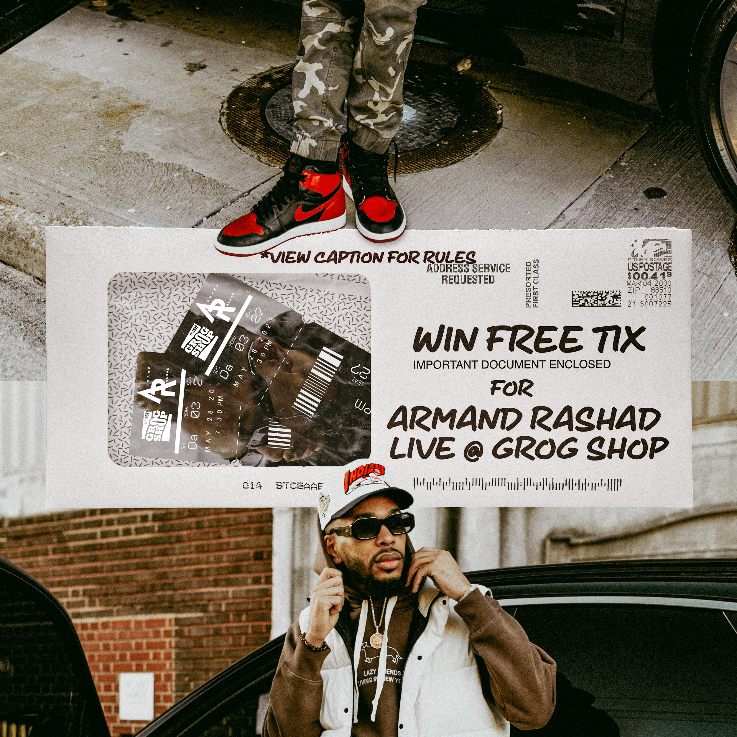 A man wearing sunglasses, a cap, and a brown and white jacket stands in front of a black car. The photo is partially obscured by a large ticket or flyer advertising a contest to win free tickets for Armand Rashad's live event at Grog Shop, with an im