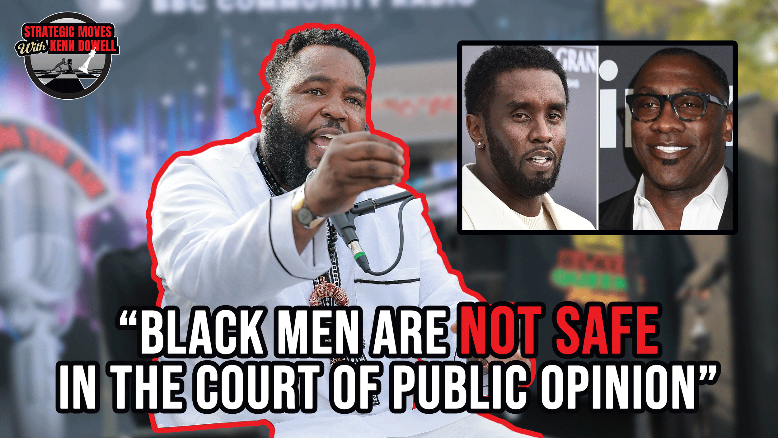 A man speaking at a microphone during a public event, with a serious expression, wearing a white jacket, with a red outline around him. Two smaller inset photographs of two different men are in the top right corner. A quote in bold text reads: "Black