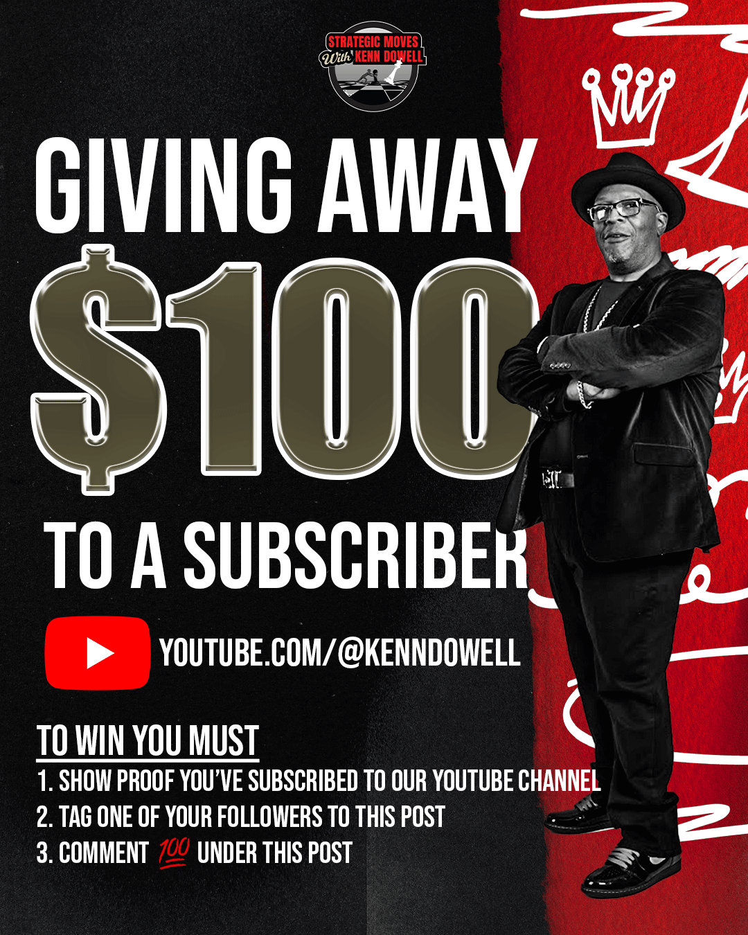 Promotional poster advertising a giveaway of $100 to a YouTube subscriber. The poster features a man dressed in black with glasses and a fedora hat, crossing his arms. The text reads: 'Giving away $100 to a subscriber,' with instructions to show proo
