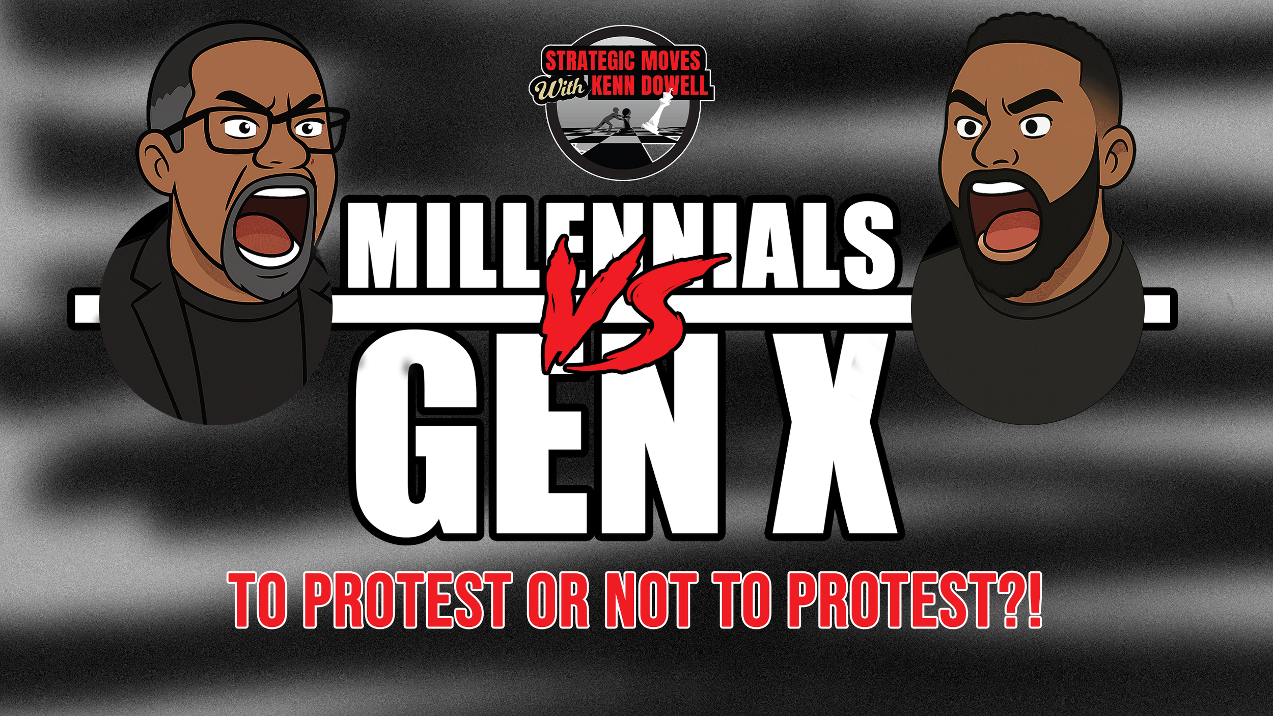 Cartoon illustration of two men with angry expressions shouting at each other against a black and white smoky background. Text reads "Millennials vs Gen X" with a red "VS" in the center, and smaller text below stating "To protest or not to protest?!"