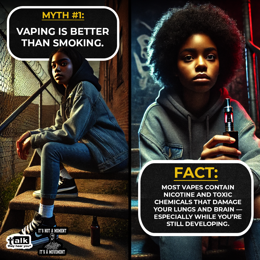 A split image showing two young women; the left features a girl with a hoodie and denim jacket sitting on stairs at an outdoor sports court, with a sign that reads "It's not a moment, it's a movement." The right features a girl with an Afro hairstyle