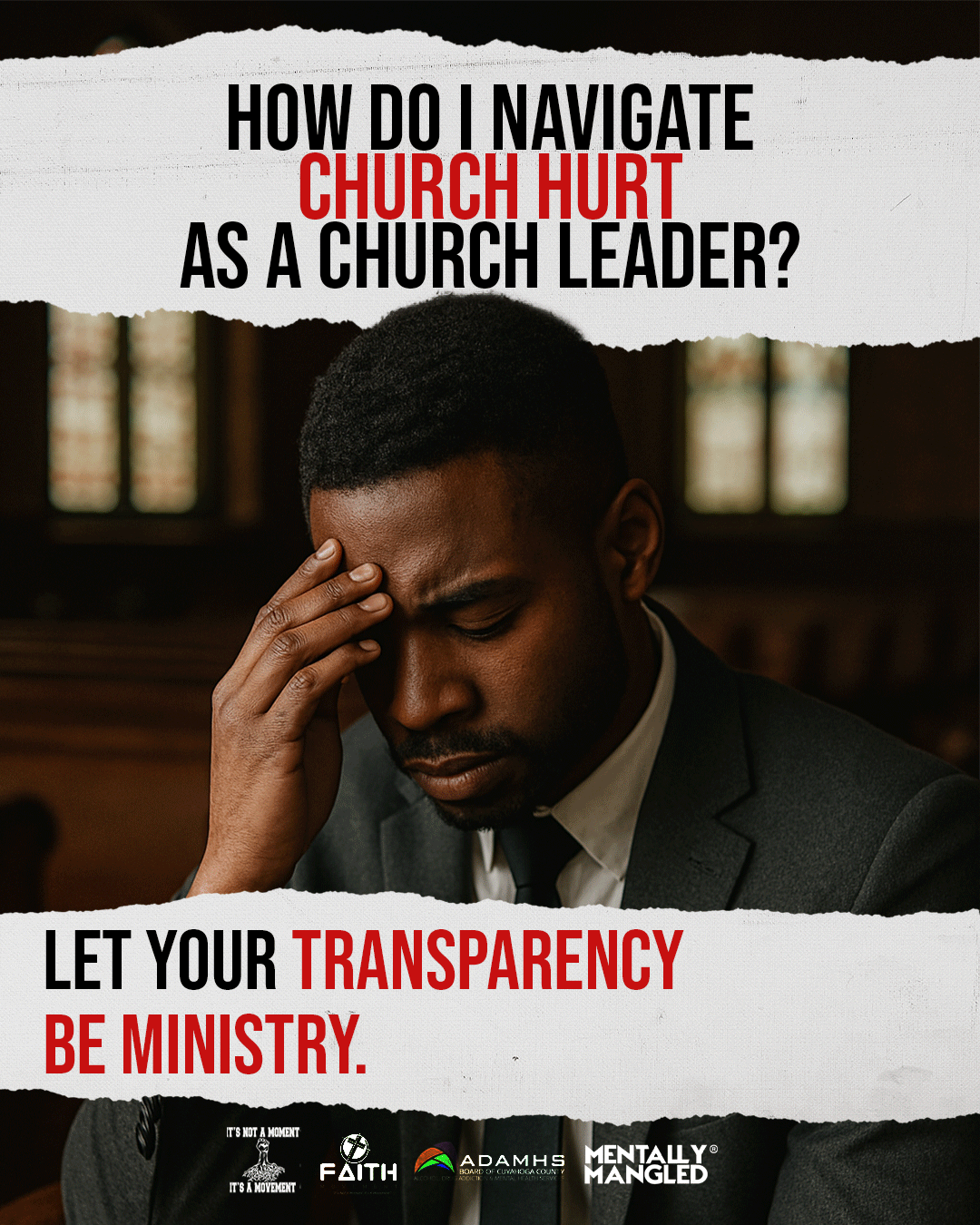 A man in a suit with a hand on his forehead, looking stressed or contemplative, in a church setting with stained glass windows visible in the background.