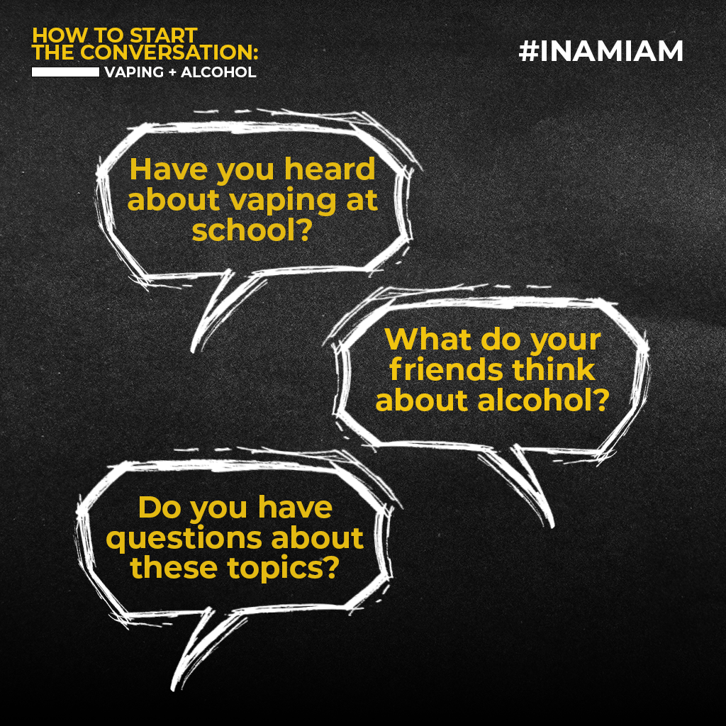 A blackboard with speech bubbles containing questions about vaping and alcohol, titled 'How to start the conversation: Vaping + Alcohol', and hashtag '#INAMIAM'.