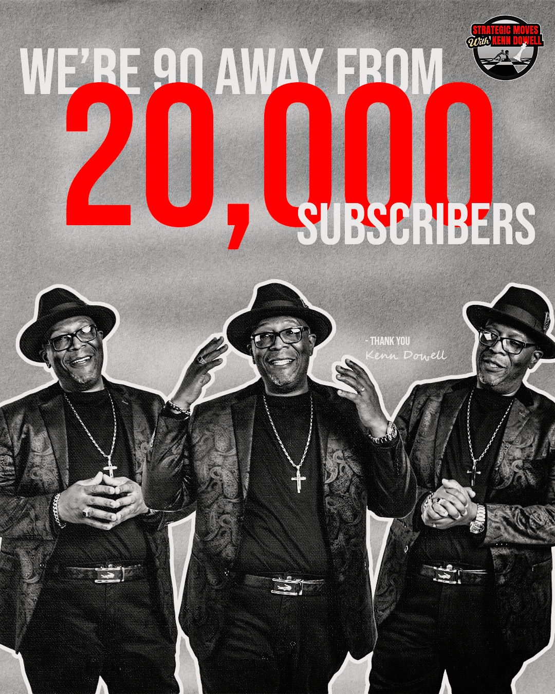Celebratory graphic with three men in black suits and hats, wearing glasses and necklaces with crosses, celebrating reaching 20,000 YouTube subscribers, with a gray background and the text 'We're 90 away from 20,000 subscribers' in large white and re