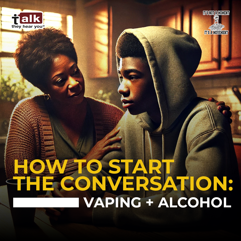 An older woman and a teenage boy sitting in a kitchen engaged in a serious conversation. The boy is wearing a hoodie and has a thoughtful expression, while the woman appears caring and attentive. The image promotes starting conversations about vaping