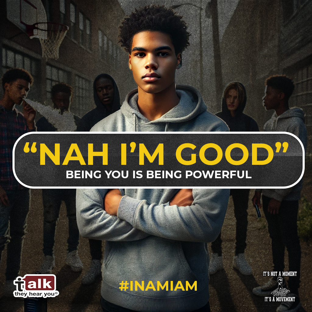 A group of young people standing outdoors on a basketball court at night, with one young man in the front wearing a gray hoodie looking directly at the camera, while others stand behind him. The image features bold yellow and white text that reads, "