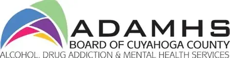 Logo for the Board of Cuyahoga County Alcohol, Drug Addiction & Mental Health Services (ADAMHS) with colorful curved lines.