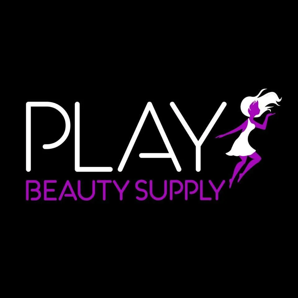 Logo for Play Beauty Supply with stylized text and a silhouette of a dancing woman with purple skin and white hair.