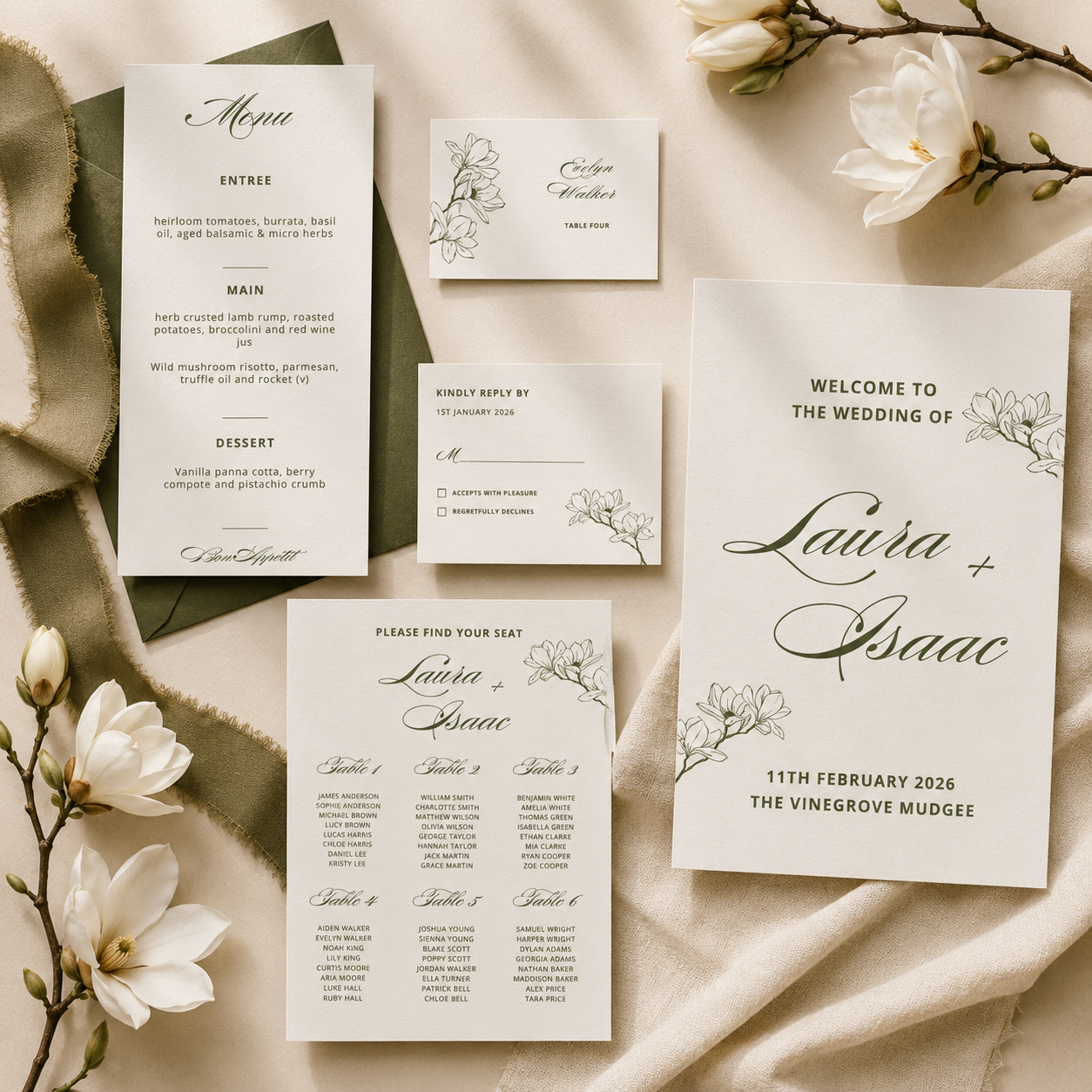 Editable Wedding Signage Bundle | Welcome Sign, Menu & Seating Chart Templates | Magnolia Collection