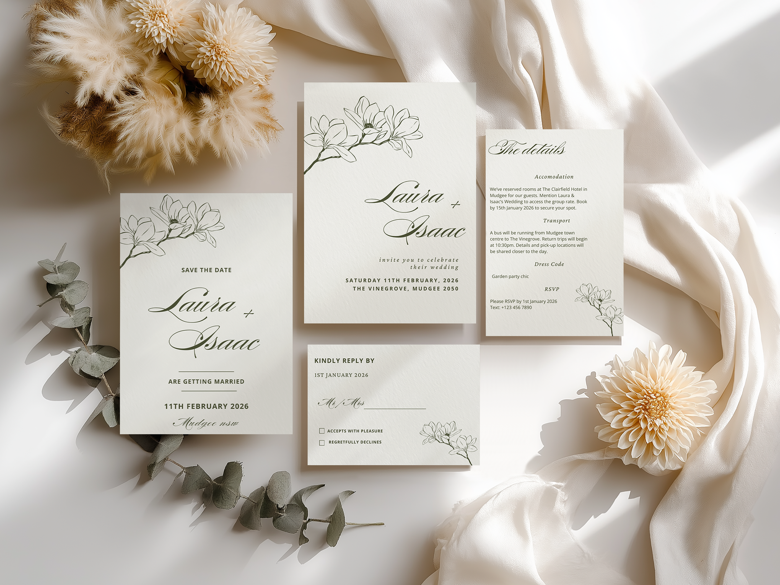 Editable Wedding Invitation Suite Template | Olive Green Canva Wedding Stationery | Magnolia Collection