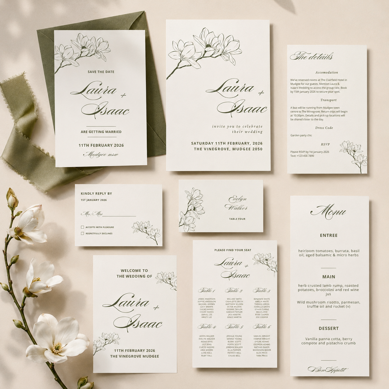 Editable Wedding Stationery Template Bundle | Romantic Olive Green Invitation Suite | Canva Wedding Templates | Magnolia Collection