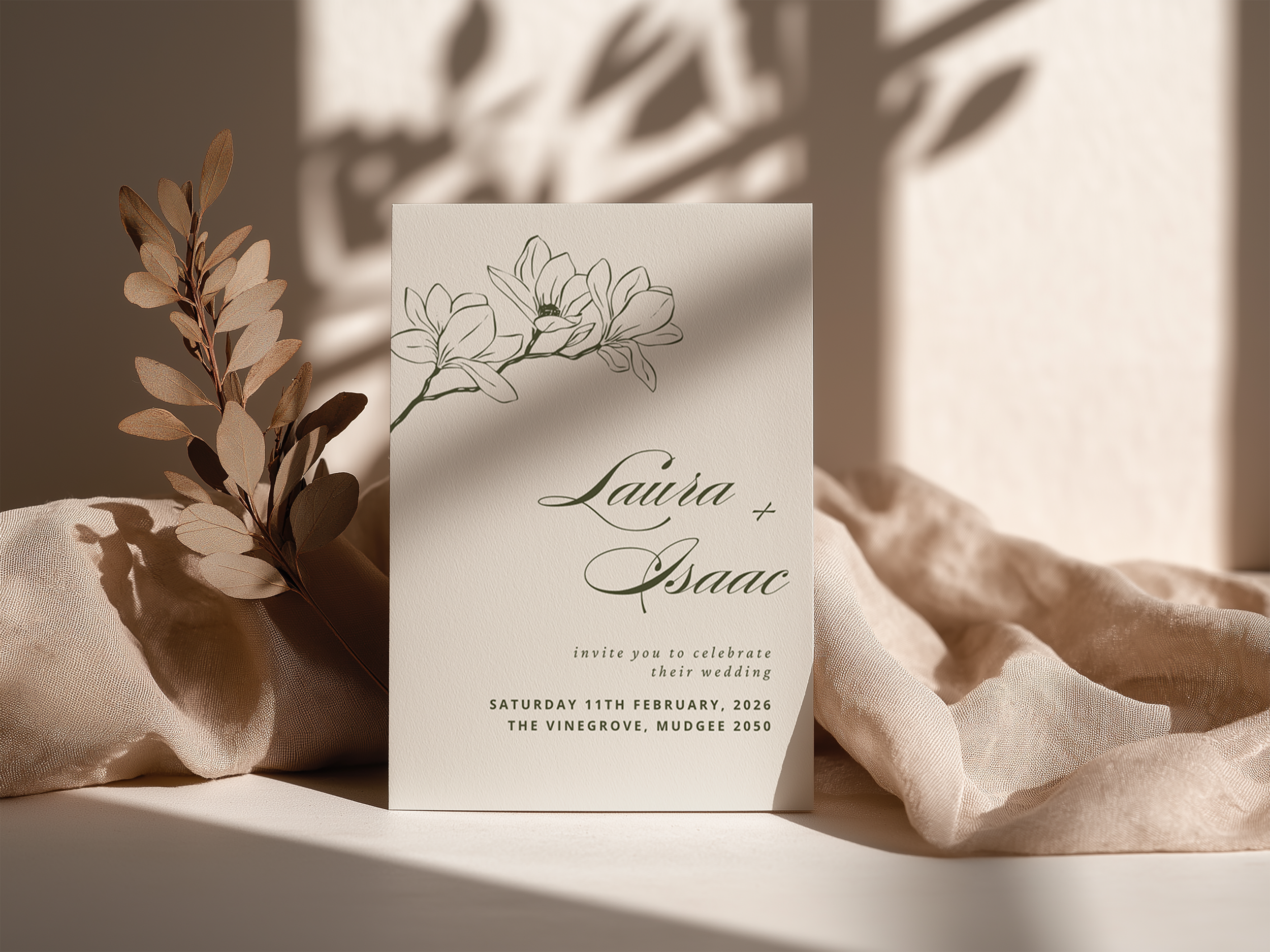 Editable Wedding Invitation Template | Romantic Olive Green Canva Invite | Magnolia Collection