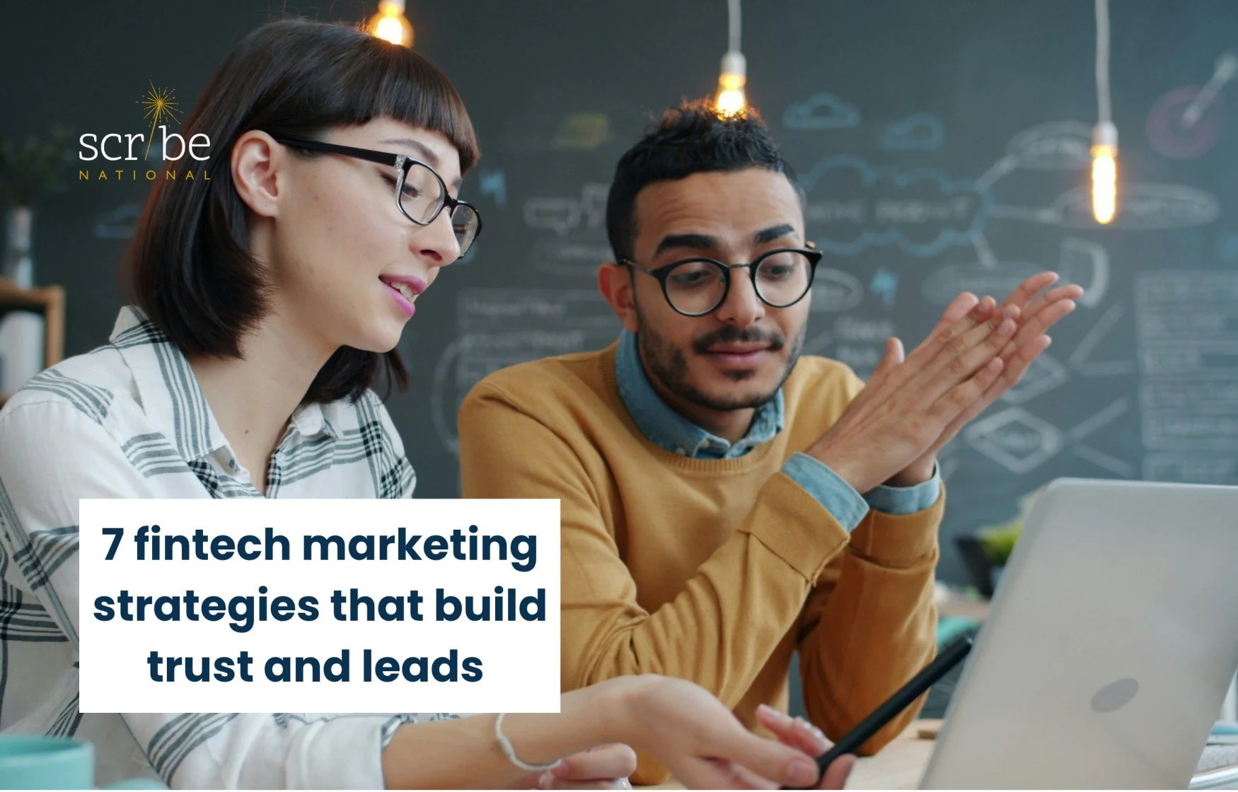 Man and woman looking at laptop, plus textbox that says 7 fintech marketing strategies that build trust and leads