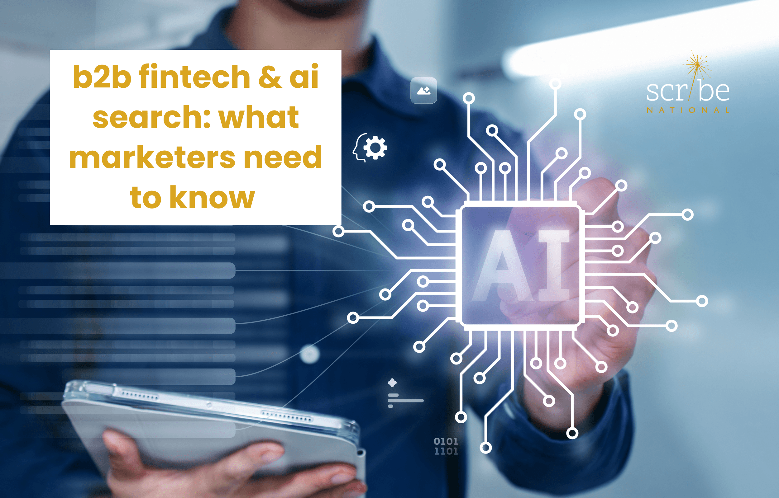 Person touching a digital AI interface, representing AI search visibility for B2B fintech marketers