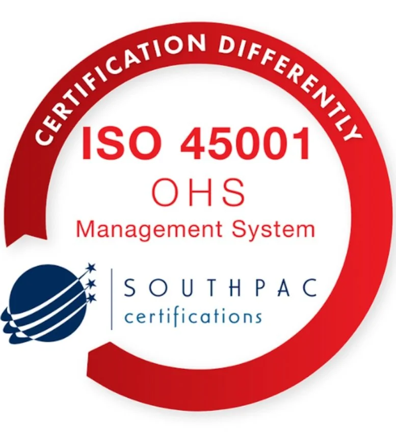 A certification badge with a red and white circular border that reads "Certification Differently." Inside the circle, it says "ISO 45001" and "OHS Management System" in red text, with the Southpac Certifications logo below.