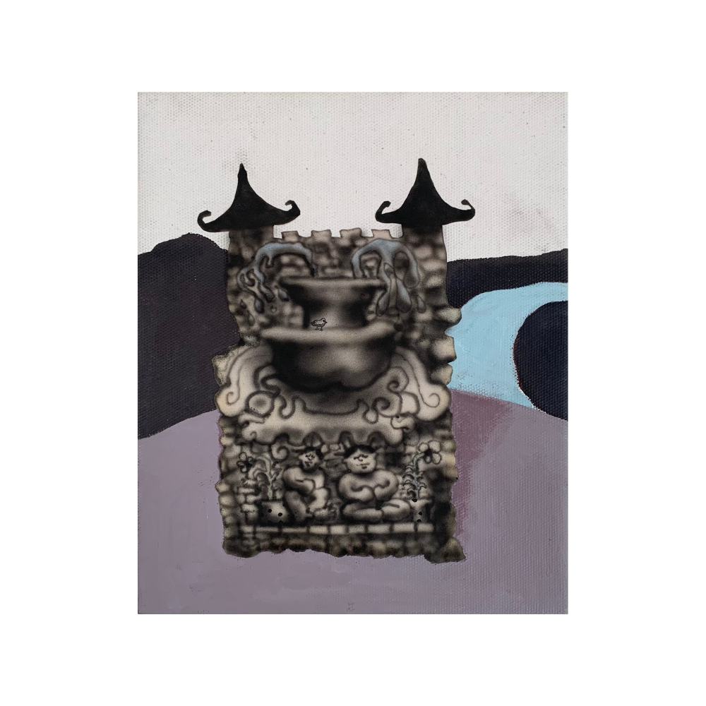 Castle by the river - 2023 - 25 x 30 cm - Acrylic and paper on canvas