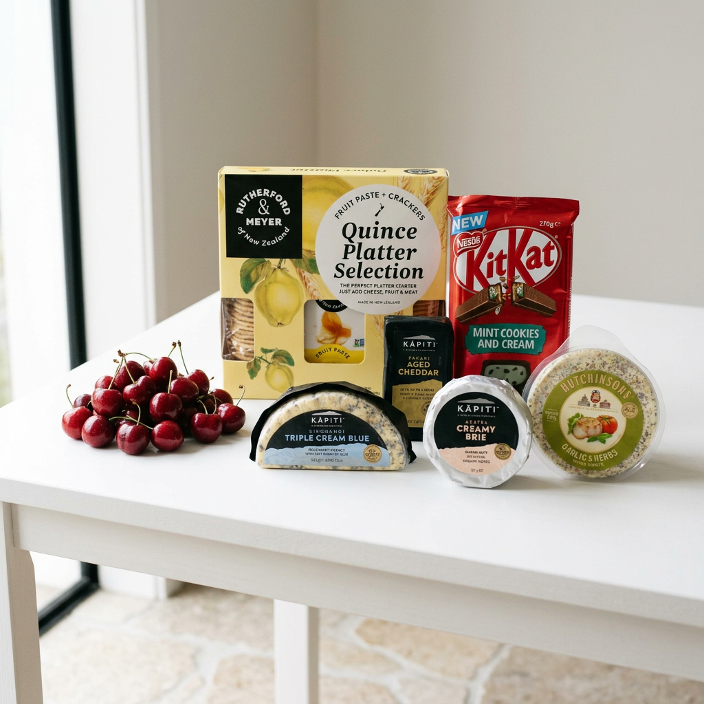 Gift Images displayed on the white table, assorted cheeses, mixed selection of crackers and chocolate with cheeies or simlar.