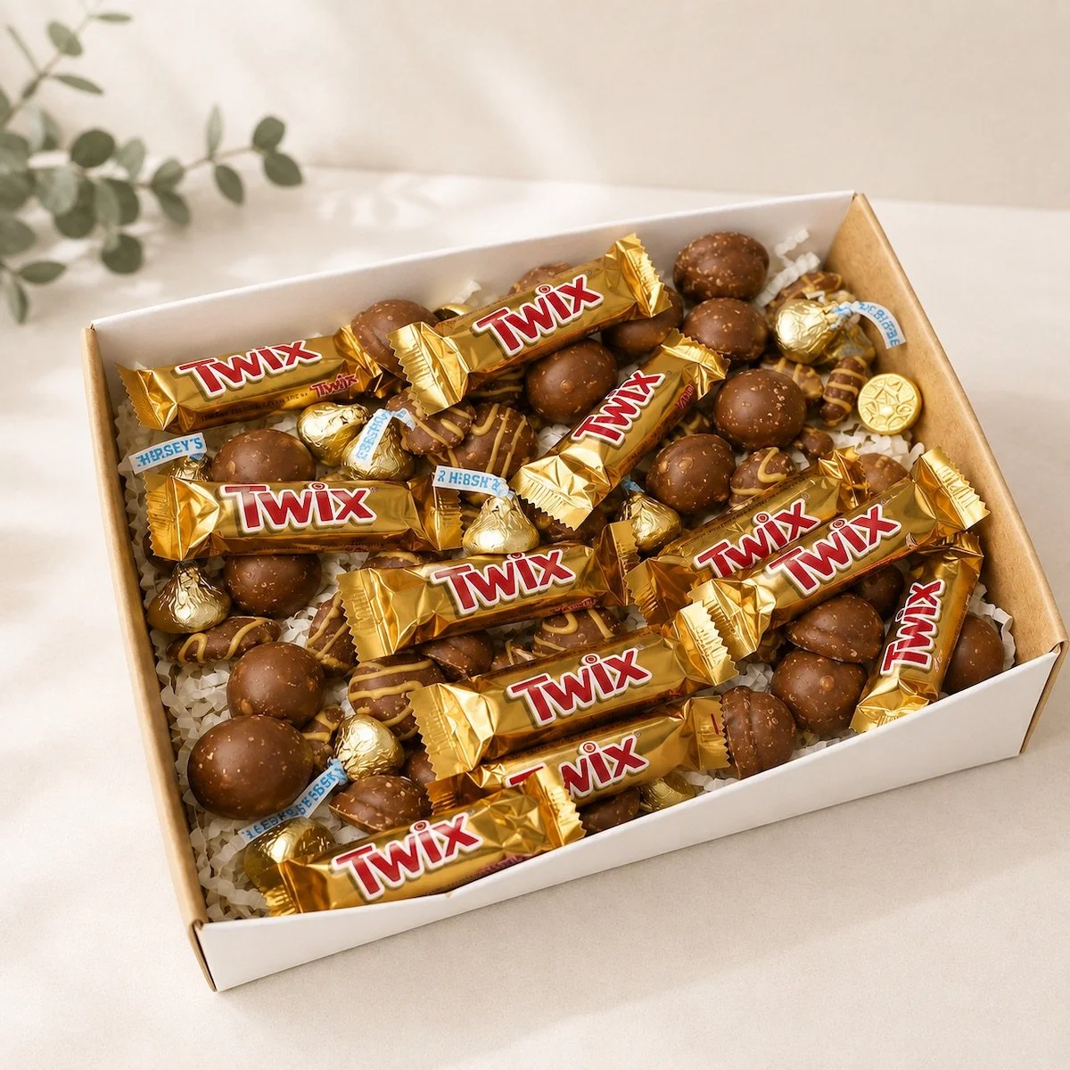 Bite-Size Birthday Gift Box with Mallow Puffs, Squiggles, Twix mini bars, and Hershey’s Kisses, presented in gift box with same-day delivery Levin & local area.