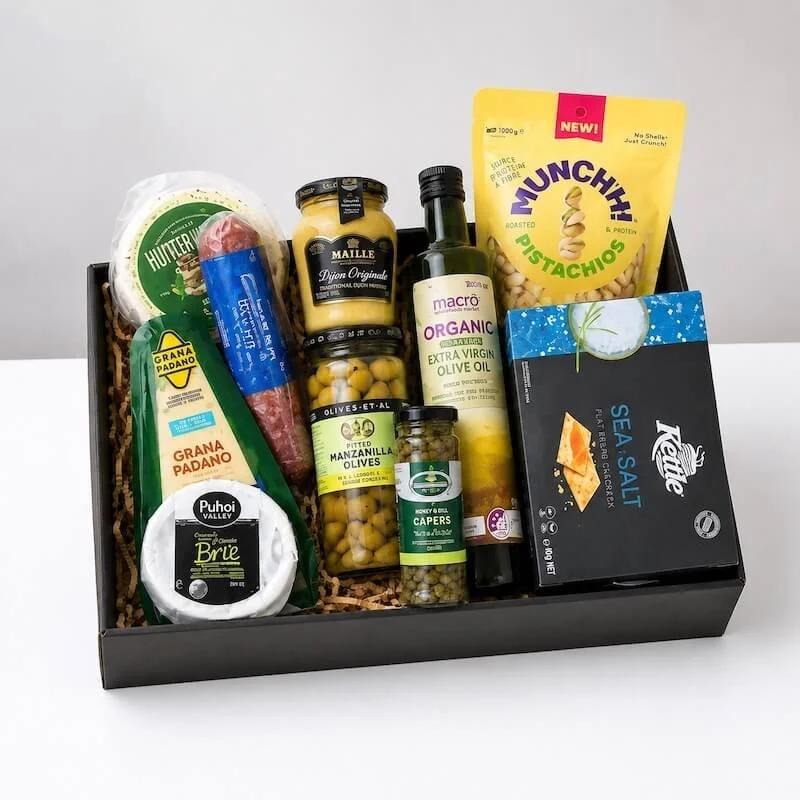 Gourmet hamper with a selection of cheeses, crackers, salami olive oil, capers, olives and more for same-day delviery levin.