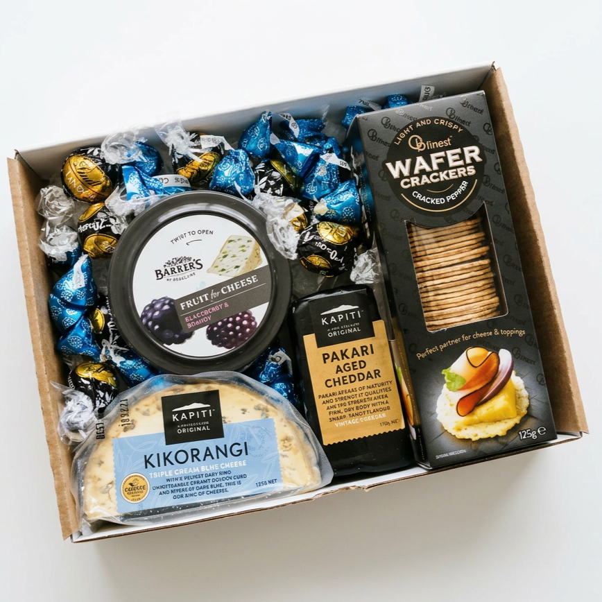 Cheese gift box with wafer crackers, pakari aged cheddar, Kirorangi cheese and Bakers fruit dip and assorted loose chocolates, same-day delivery Levin.
