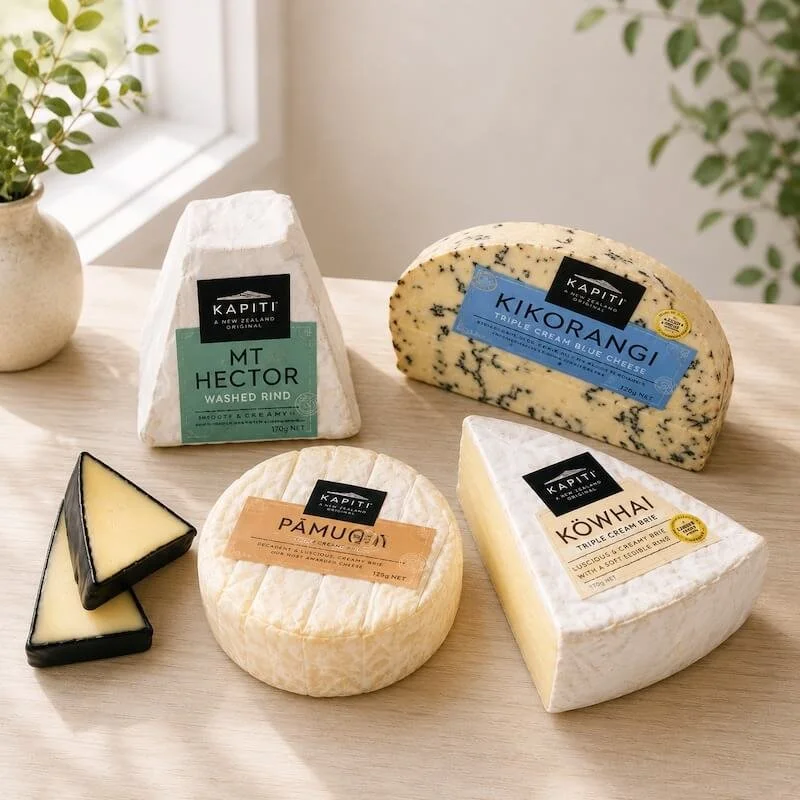 Assorted Kapiti gourmet cheeses displayed on a platter, representing options available in the Add Ons category.