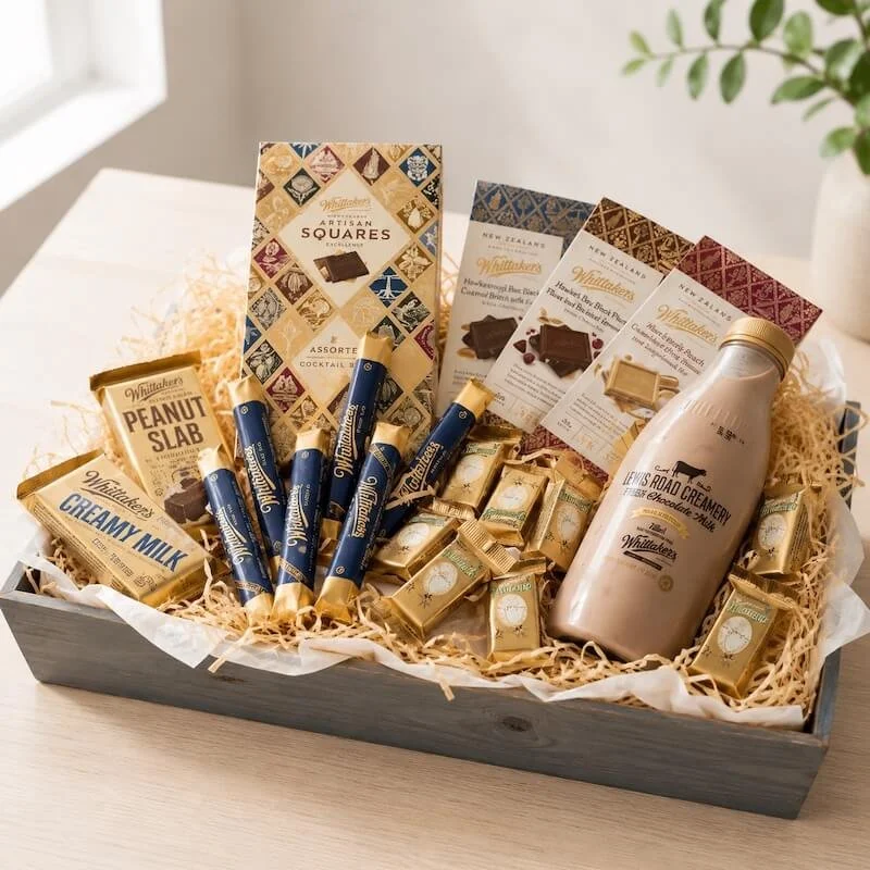 A gift tray with assorted Whittakers chocolates blocks and peanut slabs and sante bars.