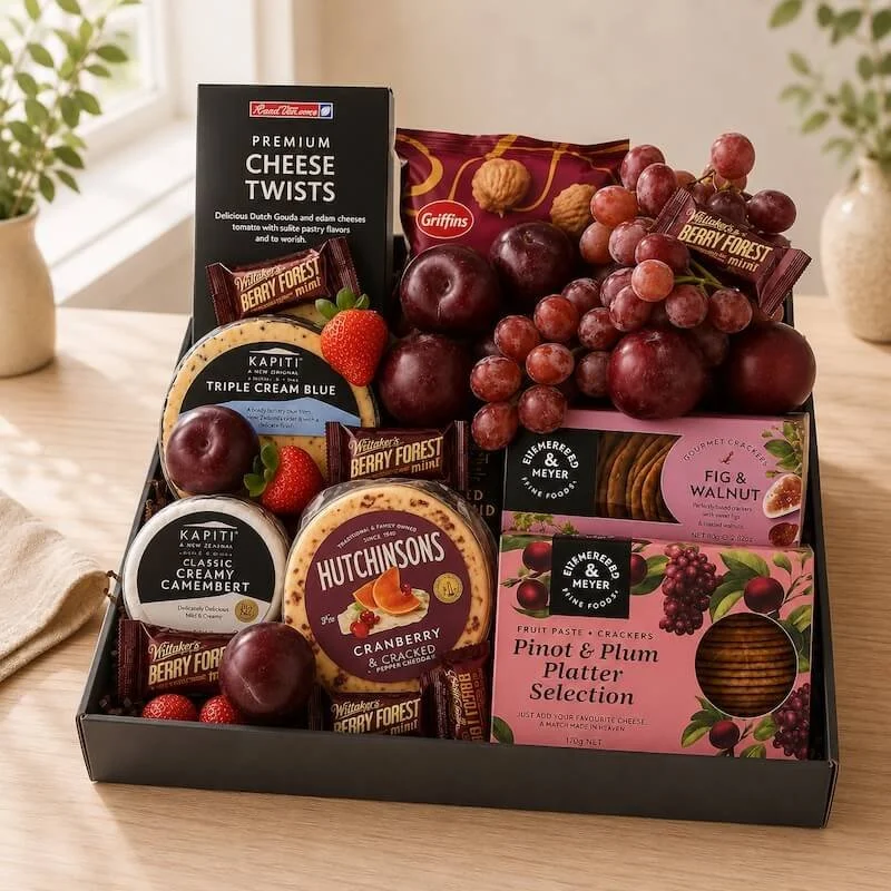 Gift tray with an assortment of local quality cheeses, cracker selection pack cheese twists, fruit, chocolates and treats. Same-day delviery Levin.