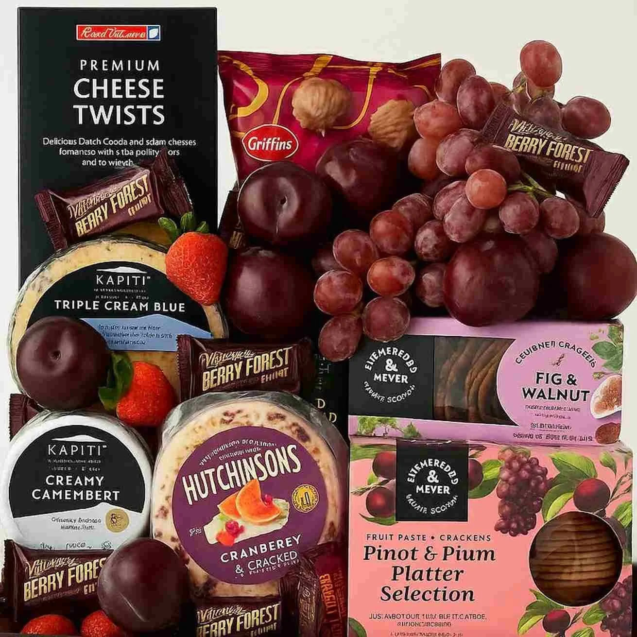 A gift hamper with cheese fruit and crackers chocolates available for delivery across the Horowhenua.