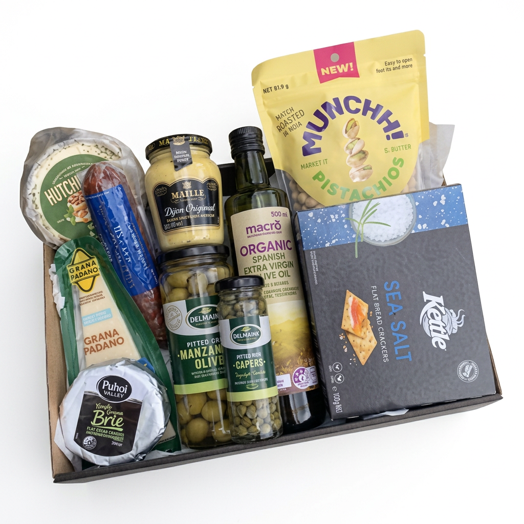 Gourmet gift hamper with munchies, crackers, olive oil, olives, capers, cheese, salai and more. Same-day dleivery levin.