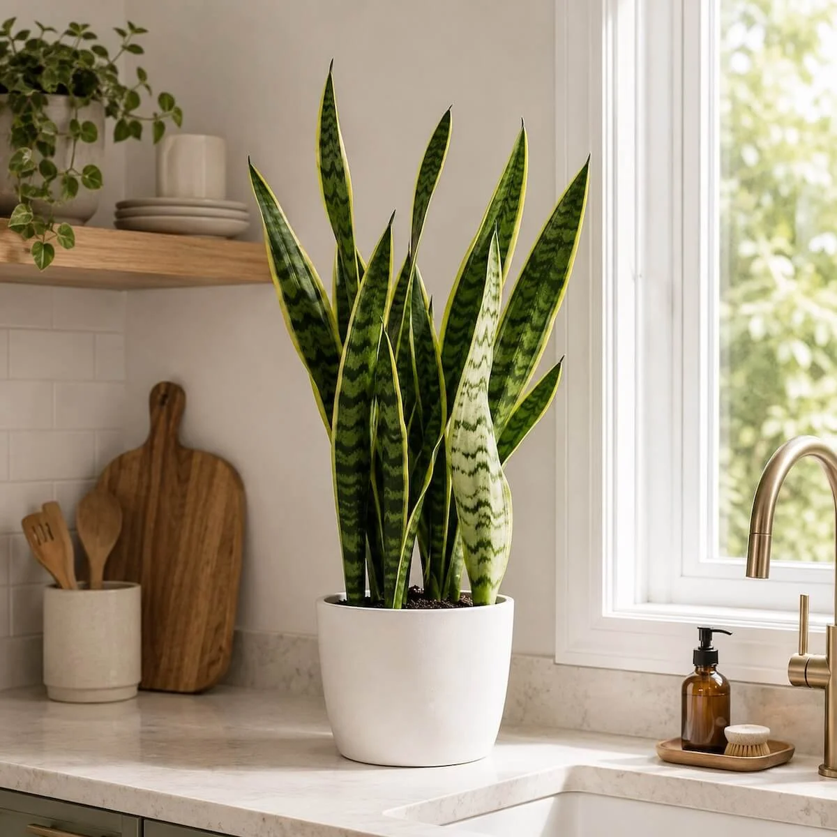 Snake Plant in terracotta pot, hardy low-maintenance indoor plant with upright spiky leaves, ideal for home or office.