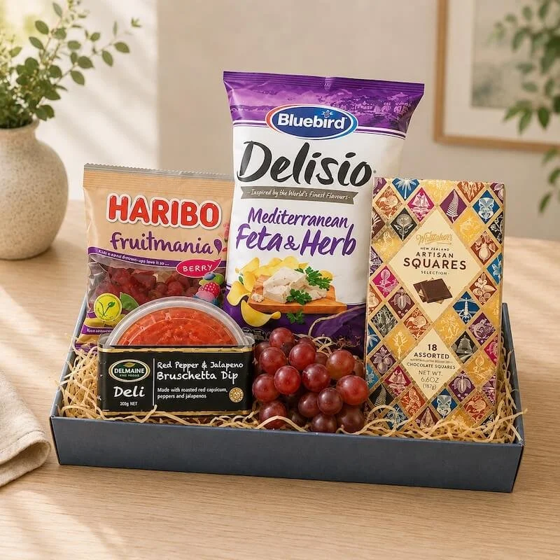 A savoury and sweet hamper with chocolates, dip, feta & herb chips and lolies, delivery Levin.