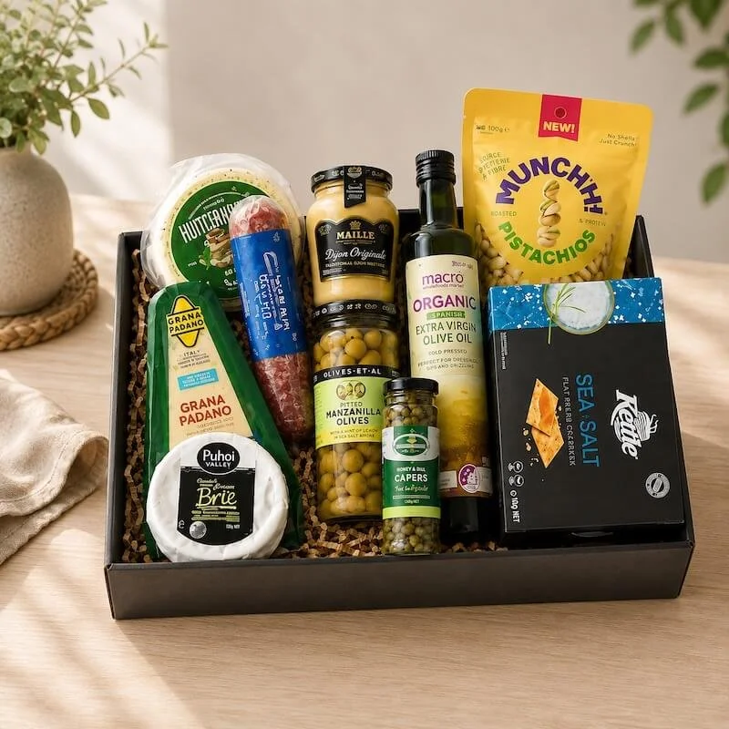A gourmet hamper with cheeses, dip, salami, olives, capers, crackers and more.