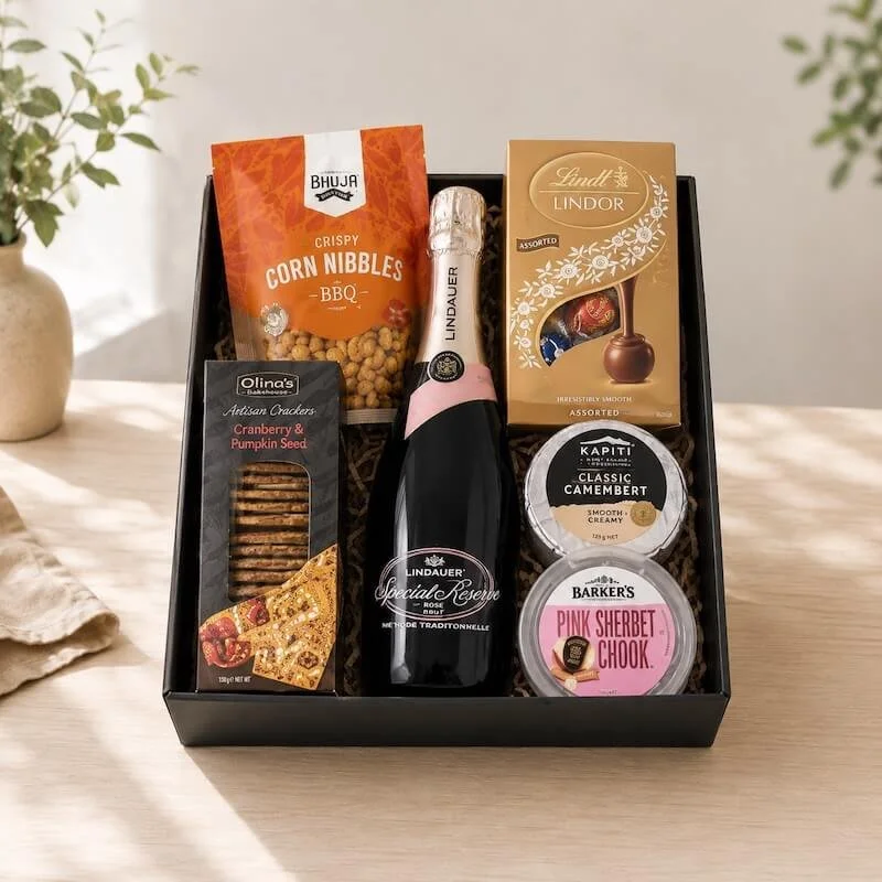 Gift box with cheese, fruit paste, chcoolates, corn nibbles and gourmet crackers available for same-day delivery Levin.