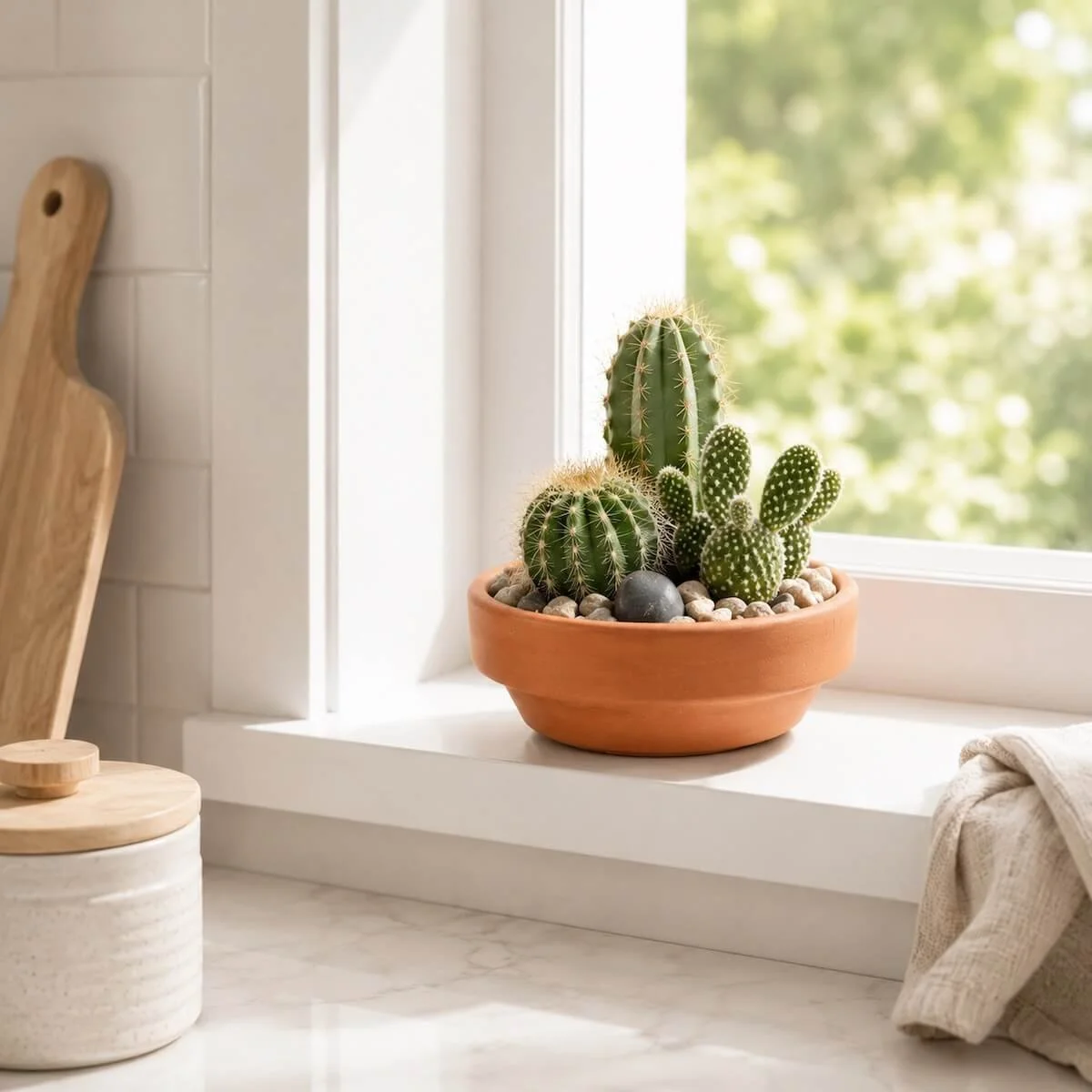 Succulent Garden Pot Gift with three assorted cactus and succulent plants in terracotta pot, easy-care indoor plant perfect for home or office.