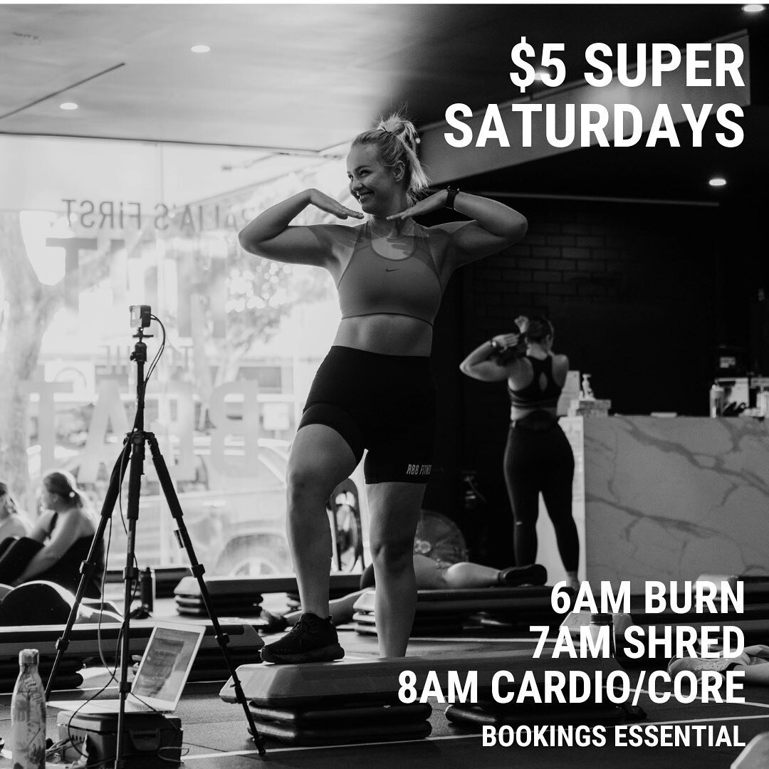 Super Saturday coming in hot 🔥🔥🔥⁠
⁠
You can now book one of our Saturday classes (6am Burn, 7am Shred or 8am Cardio/Core) and workout with us for $5 💸⁠
Simply head to your App Store, search &lsquo;RBB Fitness Studios&rsquo;, select your class of 