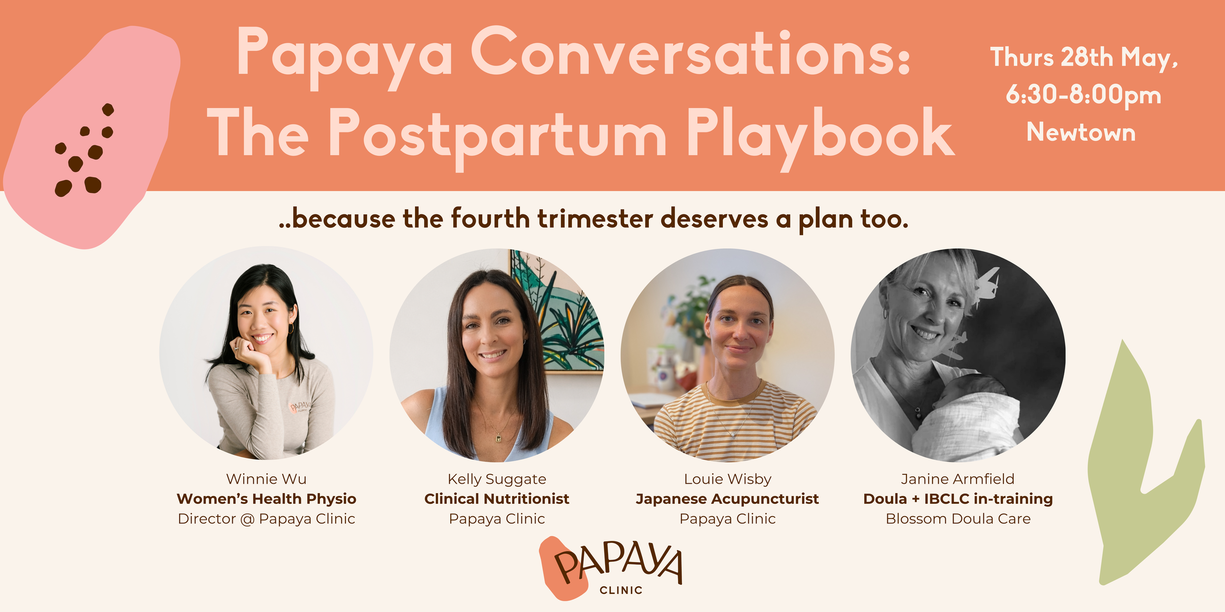 banner image showcasing the details of the papaya clinic postpartum playbook event and the 4 practitioners who will be speaking on the night: a women's health physio, clinical nutritionist, japanese acupuncturist, and doula IBCLC trainee