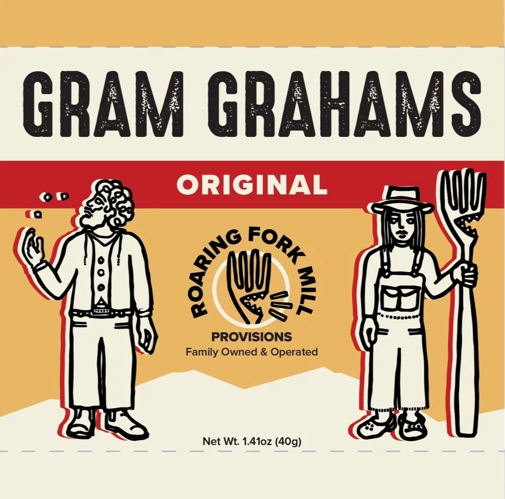 Package of Roaring Fork Mill gram graham crackers with ROC label.
