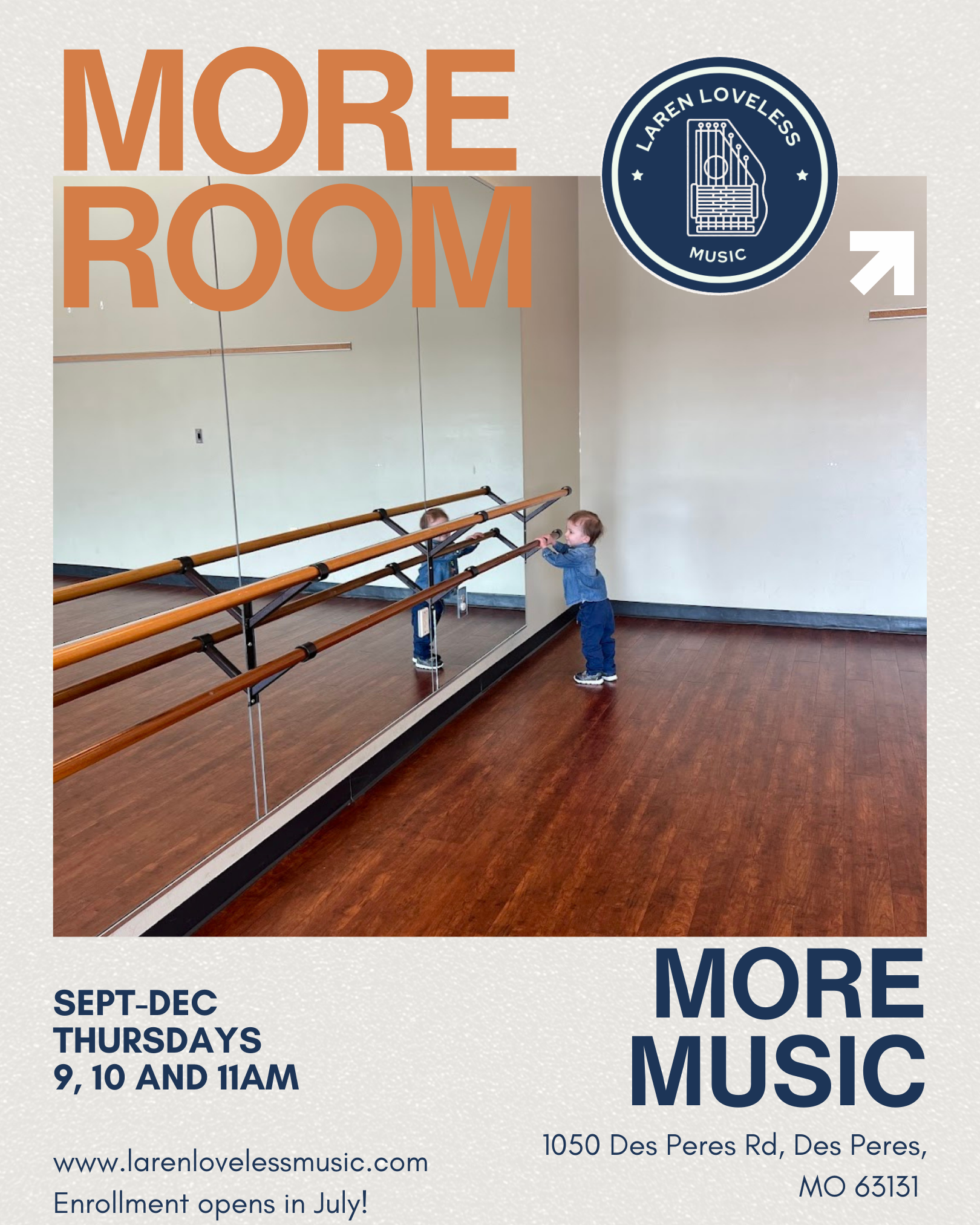 Two children practicing ballet at a dance studio with a wall mirror and wooden ballet barres.