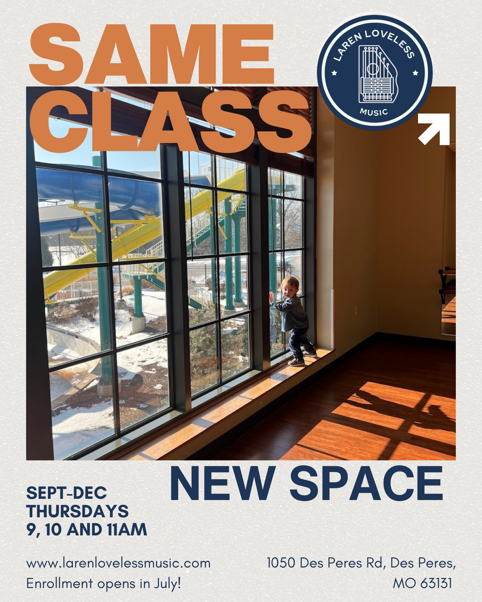 Laren Loveless Music and Me classes  highlights a new space opening from September to December, with classes on Thursdays at 9, 10, and 11 AM, located at 1050 Des Peres Rd, Des Peres, MO.