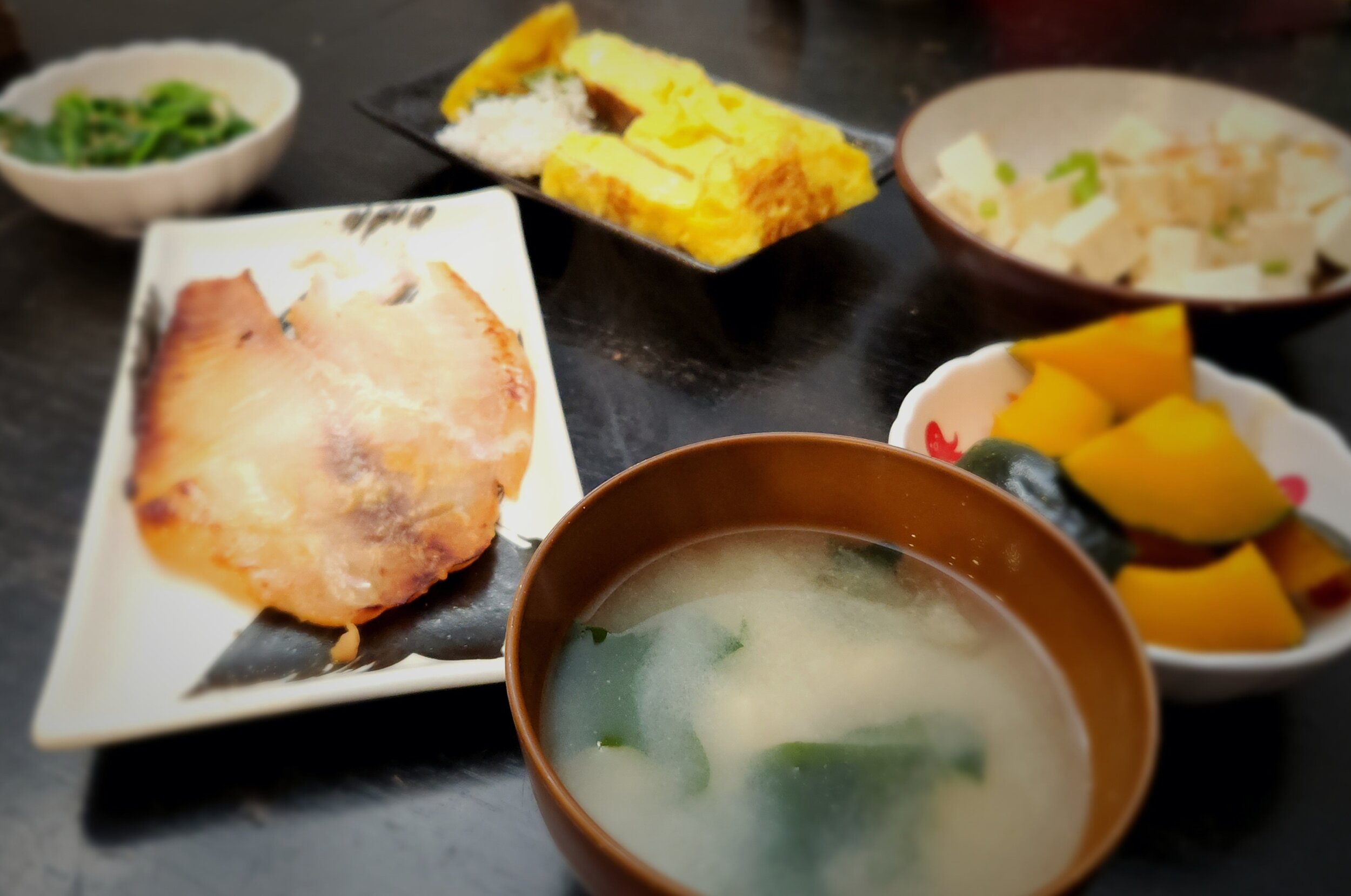 Miso Cod, Miso Soup, Simmered Kabocha, Tamagoyaki, Spinach Gomae, and Tofu