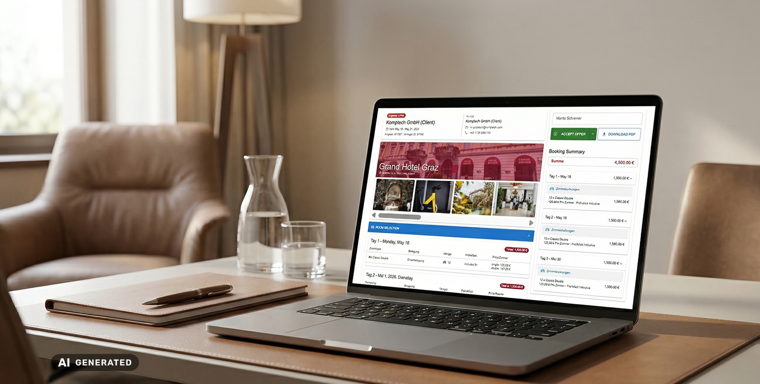 Laptop auf einem Schreibtisch in Hotelzimmer mit der Rocket AI Software von MICE DESK auf dem Bildschirm