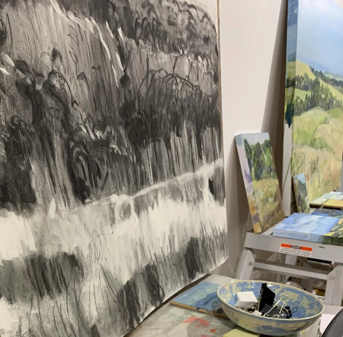 Indoor studio days while it&rsquo;s raining outside. Drawing with charcoal in between painting sessions. Although I&rsquo;m thinking about making a tarp shelter so I can get back outside again.
