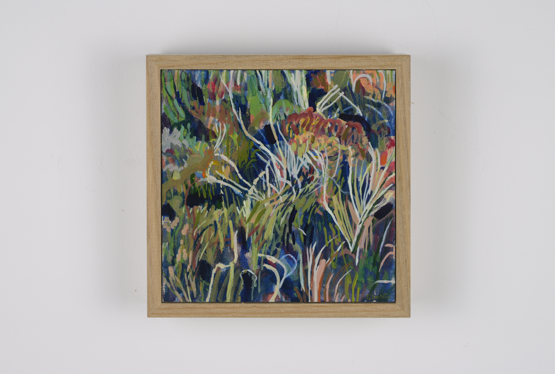 Coastal weave with pinks, Acrylic on linen board, 15 x 15cm, sold.