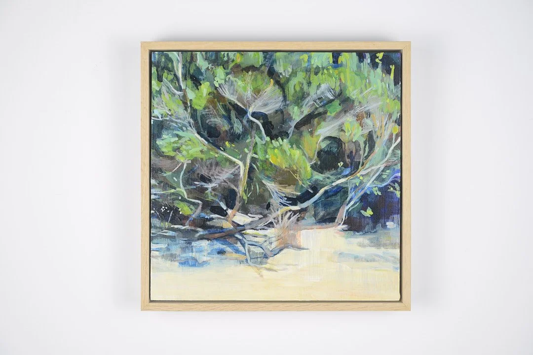 Coastal tree form and shadows, Acrylic and ink on wood panel, 30 x 30cm, $560