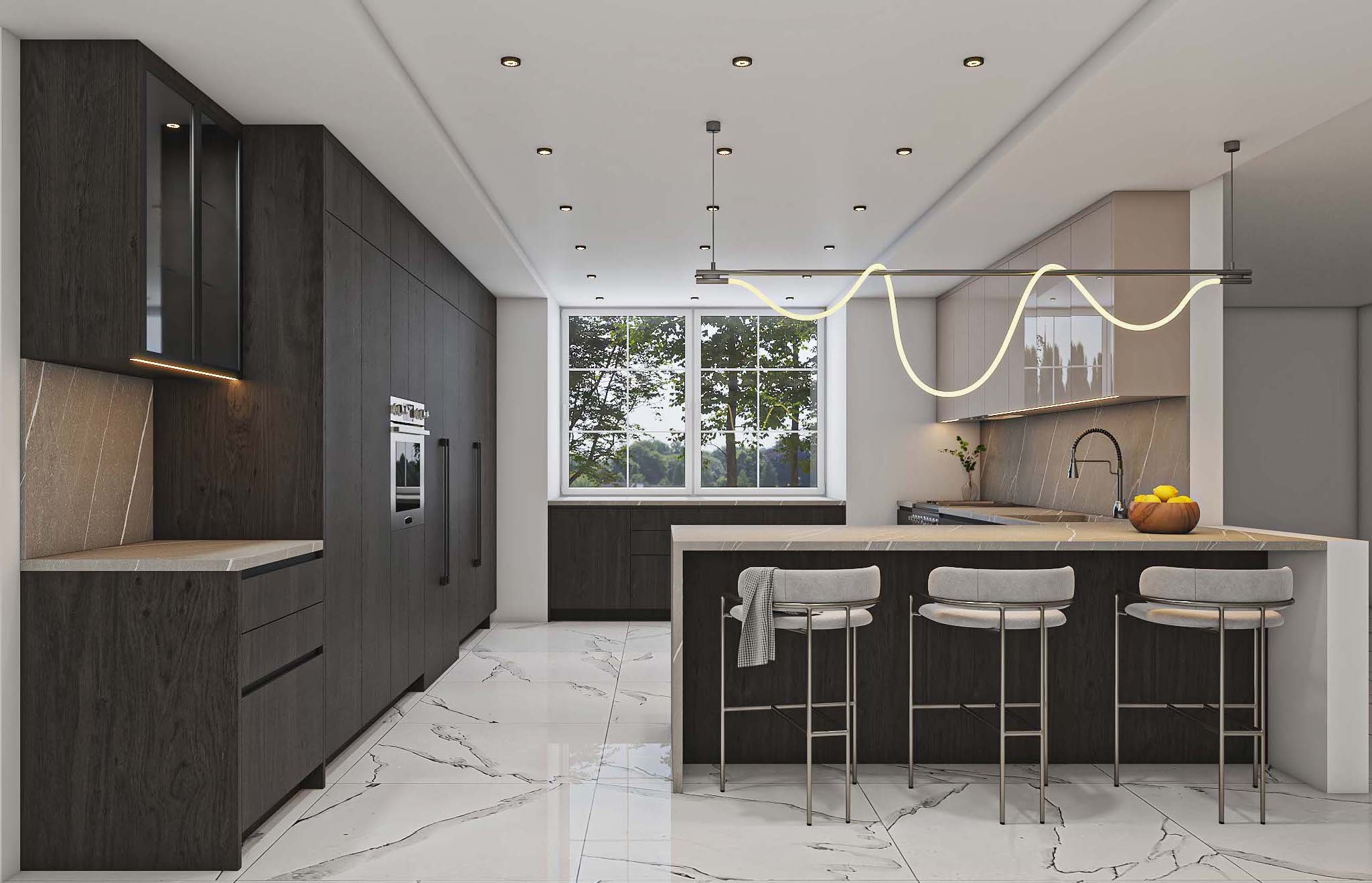 Modern kitchen with dark cabinets, marble floor, island with bar stools, large window, and minimalist pendant lights.