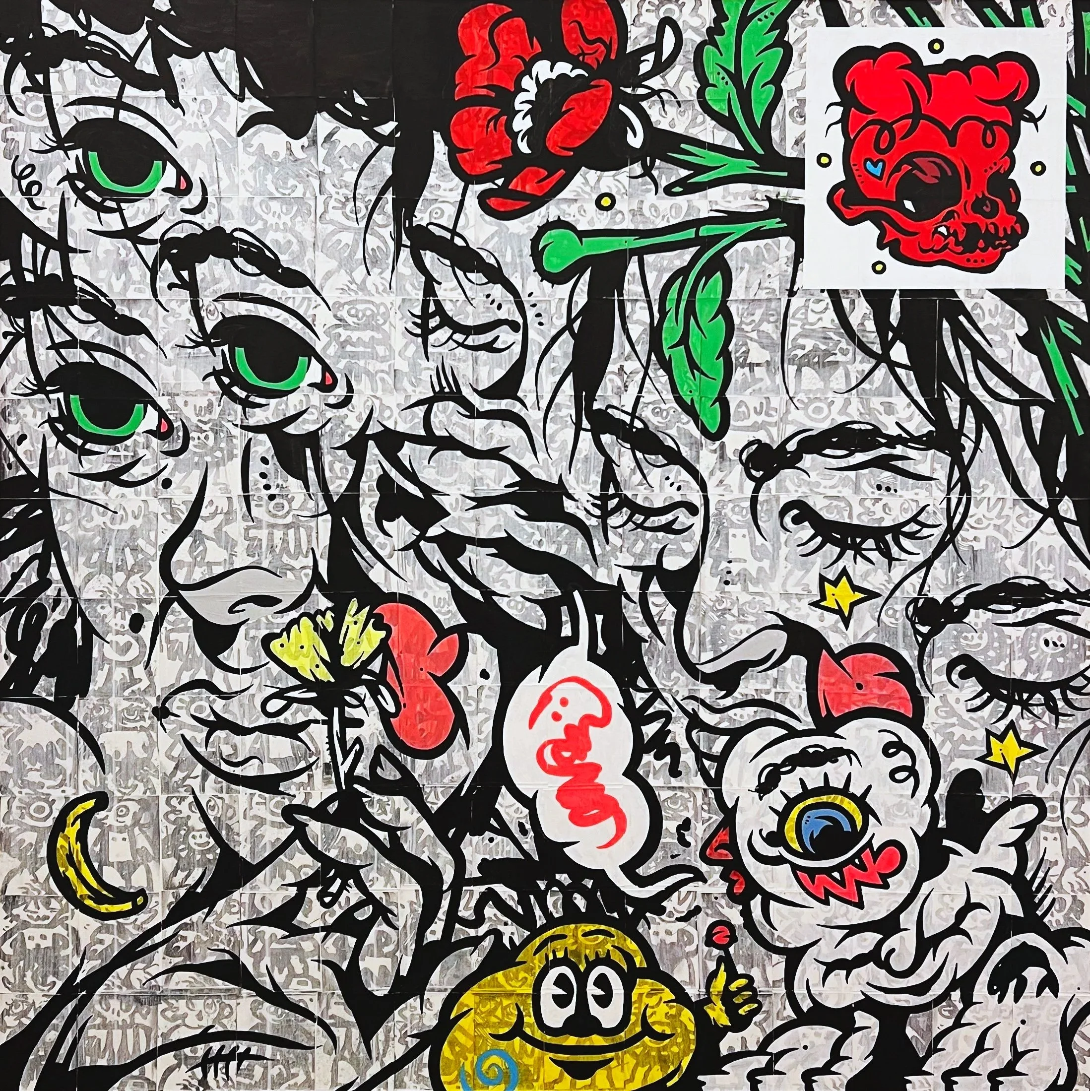 "magic poppy" 2023, ink and acrylics on paper and canvas, 150x150cm